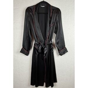 Vtg Treesha 100% Black W/Red Trim Silk Long Kimono Robe Jacket Sz S *minor flaw